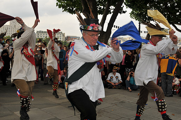 Morris Dancing event on Southbank by the River Thames, with the Hammersmith Morris Men, Mortimer's Morris, Pecsaetan Morris, Boggart's Breakfast, Eynsham Morris, Stone Monkey Sword Dancers, Moss Brothers and Gog Magog Molly, London, September 4th 2010