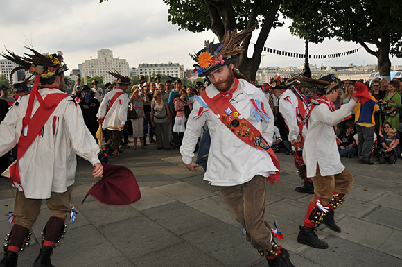 Morris Dancing event on Southbank by the River Thames, with the Hammersmith Morris Men, Mortimer's Morris, Pecsaetan Morris, Boggart's Breakfast, Eynsham Morris, Stone Monkey Sword Dancers, Moss Brothers and Gog Magog Molly, London, September 4th 2010