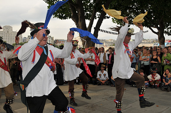 Morris Dancing event on Southbank by the River Thames, with the Hammersmith Morris Men, Mortimer's Morris, Pecsaetan Morris, Boggart's Breakfast, Eynsham Morris, Stone Monkey Sword Dancers, Moss Brothers and Gog Magog Molly, London, September 4th 2010