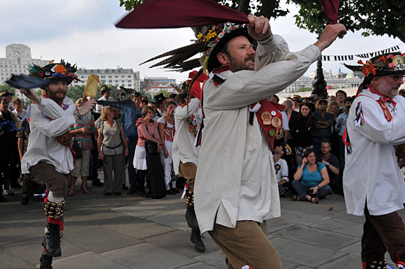 Morris Dancing event on Southbank by the River Thames, with the Hammersmith Morris Men, Mortimer's Morris, Pecsaetan Morris, Boggart's Breakfast, Eynsham Morris, Stone Monkey Sword Dancers, Moss Brothers and Gog Magog Molly, London, September 4th 2010