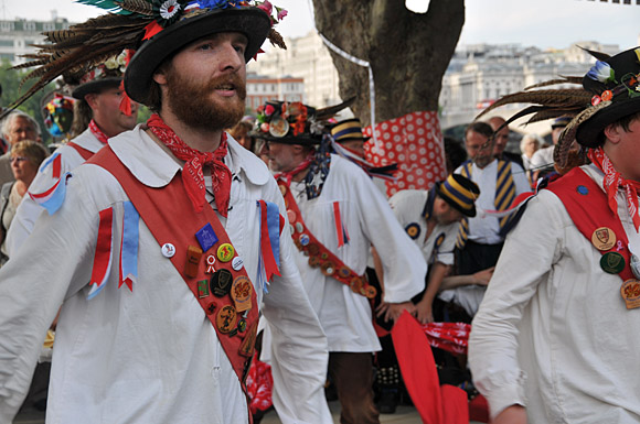 Morris Dancing event on Southbank by the River Thames, with the Hammersmith Morris Men, Mortimer's Morris, Pecsaetan Morris, Boggart's Breakfast, Eynsham Morris, Stone Monkey Sword Dancers, Moss Brothers and Gog Magog Molly, London, September 4th 2010