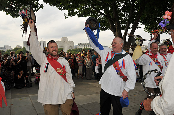 Morris Dancing event on Southbank by the River Thames, with the Hammersmith Morris Men, Mortimer's Morris, Pecsaetan Morris, Boggart's Breakfast, Eynsham Morris, Stone Monkey Sword Dancers, Moss Brothers and Gog Magog Molly, London, September 4th 2010
