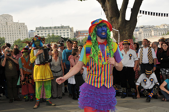 Morris Dancing event on Southbank by the River Thames, with the Hammersmith Morris Men, Mortimer's Morris, Pecsaetan Morris, Boggart's Breakfast, Eynsham Morris, Stone Monkey Sword Dancers, Moss Brothers and Gog Magog Molly, London, September 4th 2010