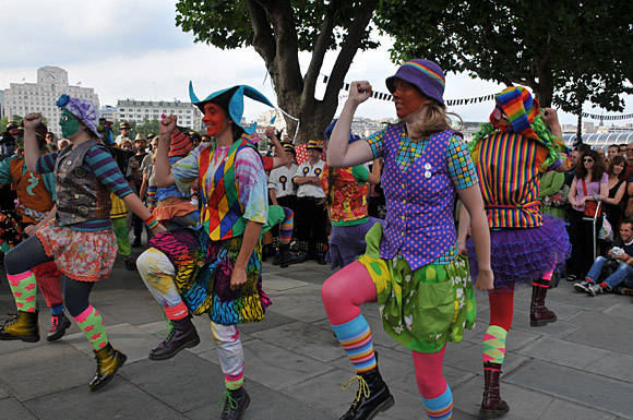 Morris Dancing event on Southbank by the River Thames, with the Hammersmith Morris Men, Mortimer's Morris, Pecsaetan Morris, Boggart's Breakfast, Eynsham Morris, Stone Monkey Sword Dancers, Moss Brothers and Gog Magog Molly, London, September 4th 2010