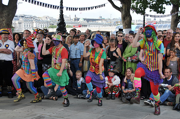 Morris Dancing event on Southbank by the River Thames, with the Hammersmith Morris Men, Mortimer's Morris, Pecsaetan Morris, Boggart's Breakfast, Eynsham Morris, Stone Monkey Sword Dancers, Moss Brothers and Gog Magog Molly, London, September 4th 2010