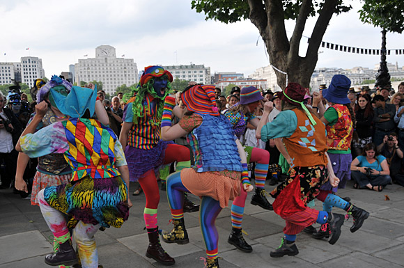 Morris Dancing event on Southbank by the River Thames, with the Hammersmith Morris Men, Mortimer's Morris, Pecsaetan Morris, Boggart's Breakfast, Eynsham Morris, Stone Monkey Sword Dancers, Moss Brothers and Gog Magog Molly, London, September 4th 2010