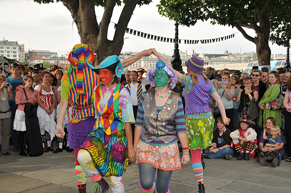 Morris Dancing event on Southbank by the River Thames, with the Hammersmith Morris Men, Mortimer's Morris, Pecsaetan Morris, Boggart's Breakfast, Eynsham Morris, Stone Monkey Sword Dancers, Moss Brothers and Gog Magog Molly, London, September 4th 2010