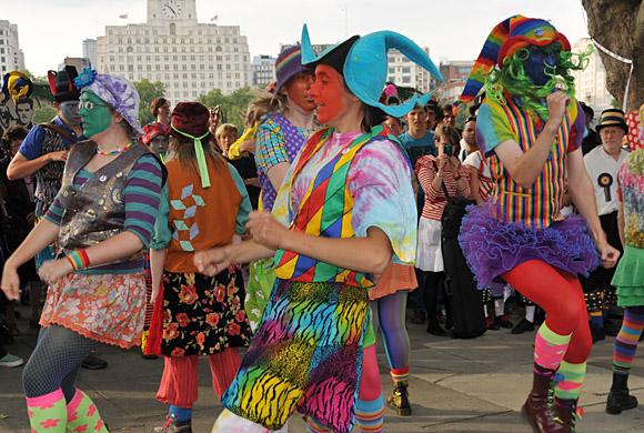 Morris Dancing event on Southbank by the River Thames, with the Hammersmith Morris Men, Mortimer's Morris, Pecsaetan Morris, Boggart's Breakfast, Eynsham Morris, Stone Monkey Sword Dancers, Moss Brothers and Gog Magog Molly, London, September 4th 2010