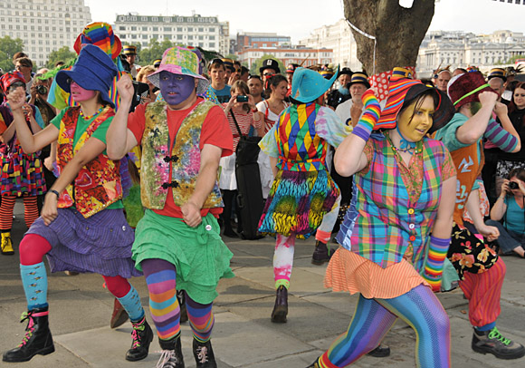 Morris Dancing event on Southbank by the River Thames, with the Hammersmith Morris Men, Mortimer's Morris, Pecsaetan Morris, Boggart's Breakfast, Eynsham Morris, Stone Monkey Sword Dancers, Moss Brothers and Gog Magog Molly, London, September 4th 2010