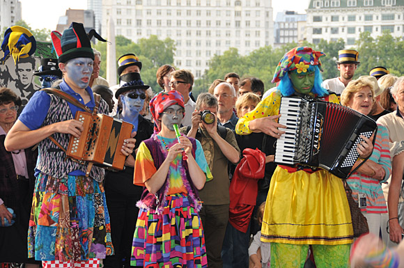 Morris Dancing event on Southbank by the River Thames, with the Hammersmith Morris Men, Mortimer's Morris, Pecsaetan Morris, Boggart's Breakfast, Eynsham Morris, Stone Monkey Sword Dancers, Moss Brothers and Gog Magog Molly, London, September 4th 2010
