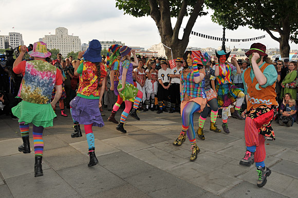 Morris Dancing event on Southbank by the River Thames, with the Hammersmith Morris Men, Mortimer's Morris, Pecsaetan Morris, Boggart's Breakfast, Eynsham Morris, Stone Monkey Sword Dancers, Moss Brothers and Gog Magog Molly, London, September 4th 2010