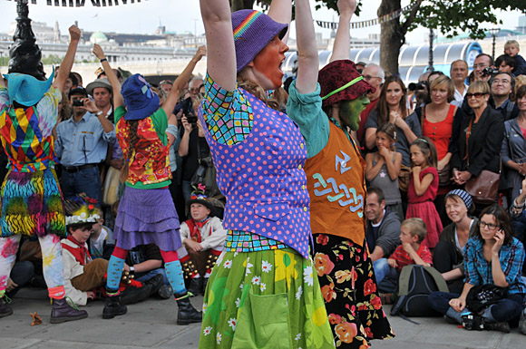 Morris Dancing event on Southbank by the River Thames, with the Hammersmith Morris Men, Mortimer's Morris, Pecsaetan Morris, Boggart's Breakfast, Eynsham Morris, Stone Monkey Sword Dancers, Moss Brothers and Gog Magog Molly, London, September 4th 2010