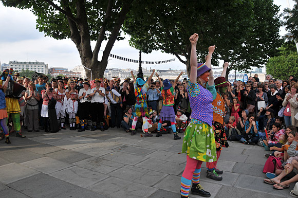 Morris Dancing event on Southbank by the River Thames, with the Hammersmith Morris Men, Mortimer's Morris, Pecsaetan Morris, Boggart's Breakfast, Eynsham Morris, Stone Monkey Sword Dancers, Moss Brothers and Gog Magog Molly, London, September 4th 2010