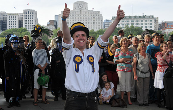 Morris Dancing event on Southbank by the River Thames, with the Hammersmith Morris Men, Mortimer's Morris, Pecsaetan Morris, Boggart's Breakfast, Eynsham Morris, Stone Monkey Sword Dancers, Moss Brothers and Gog Magog Molly, London, September 4th 2010