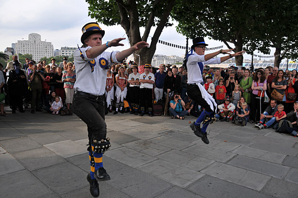 Morris Dancing event on Southbank by the River Thames, with the Hammersmith Morris Men, Mortimer's Morris, Pecsaetan Morris, Boggart's Breakfast, Eynsham Morris, Stone Monkey Sword Dancers, Moss Brothers and Gog Magog Molly, London, September 4th 2010