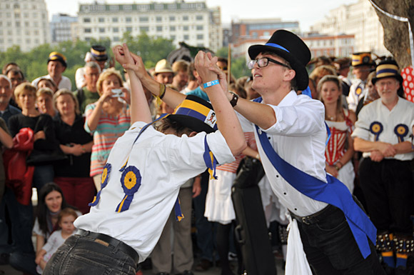 Morris Dancing event on Southbank by the River Thames, with the Hammersmith Morris Men, Mortimer's Morris, Pecsaetan Morris, Boggart's Breakfast, Eynsham Morris, Stone Monkey Sword Dancers, Moss Brothers and Gog Magog Molly, London, September 4th 2010
