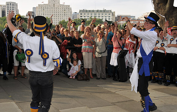 Morris Dancing event on Southbank by the River Thames, with the Hammersmith Morris Men, Mortimer's Morris, Pecsaetan Morris, Boggart's Breakfast, Eynsham Morris, Stone Monkey Sword Dancers, Moss Brothers and Gog Magog Molly, London, September 4th 2010