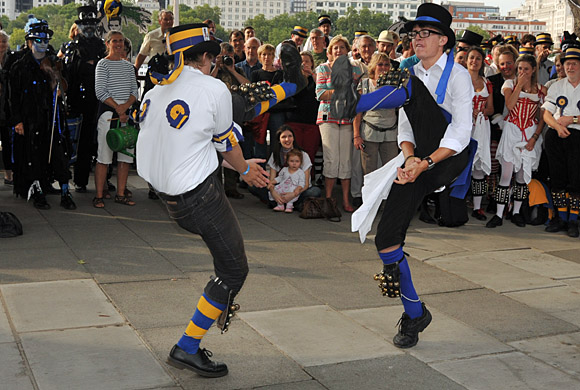 Morris Dancing event on Southbank by the River Thames, with the Hammersmith Morris Men, Mortimer's Morris, Pecsaetan Morris, Boggart's Breakfast, Eynsham Morris, Stone Monkey Sword Dancers, Moss Brothers and Gog Magog Molly, London, September 4th 2010