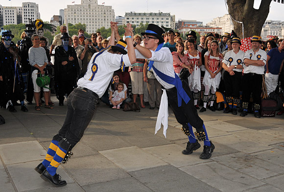 Morris Dancing event on Southbank by the River Thames, with the Hammersmith Morris Men, Mortimer's Morris, Pecsaetan Morris, Boggart's Breakfast, Eynsham Morris, Stone Monkey Sword Dancers, Moss Brothers and Gog Magog Molly, London, September 4th 2010
