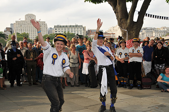 Morris Dancing event on Southbank by the River Thames, with the Hammersmith Morris Men, Mortimer's Morris, Pecsaetan Morris, Boggart's Breakfast, Eynsham Morris, Stone Monkey Sword Dancers, Moss Brothers and Gog Magog Molly, London, September 4th 2010