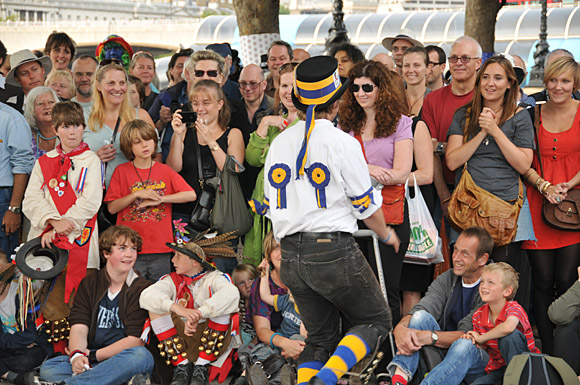 Morris Dancing event on Southbank by the River Thames, with the Hammersmith Morris Men, Mortimer's Morris, Pecsaetan Morris, Boggart's Breakfast, Eynsham Morris, Stone Monkey Sword Dancers, Moss Brothers and Gog Magog Molly, London, September 4th 2010