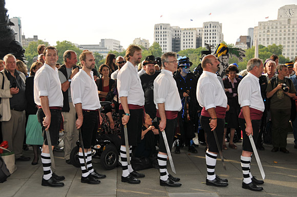 Morris Dancing event on Southbank by the River Thames, with the Hammersmith Morris Men, Mortimer's Morris, Pecsaetan Morris, Boggart's Breakfast, Eynsham Morris, Stone Monkey Sword Dancers, Moss Brothers and Gog Magog Molly, London, September 4th 2010