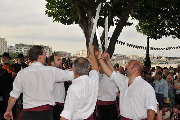 Morris Dancing event on Southbank by the River Thames, with the Hammersmith Morris Men, Mortimer's Morris, Pecsaetan Morris, Boggart's Breakfast, Eynsham Morris, Stone Monkey Sword Dancers, Moss Brothers and Gog Magog Molly, London, September 4th 2010
