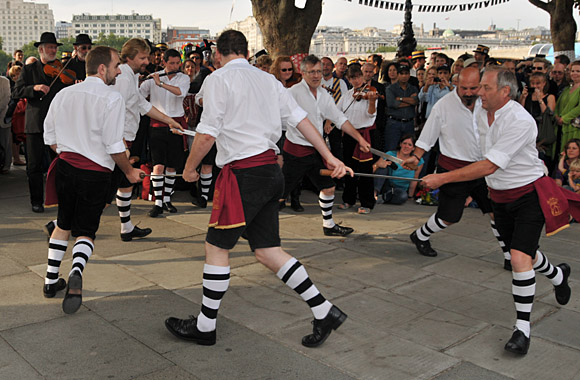 Morris Dancing event on Southbank by the River Thames, with the Hammersmith Morris Men, Mortimer's Morris, Pecsaetan Morris, Boggart's Breakfast, Eynsham Morris, Stone Monkey Sword Dancers, Moss Brothers and Gog Magog Molly, London, September 4th 2010