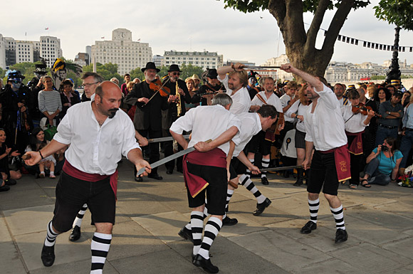 Morris Dancing event on Southbank by the River Thames, with the Hammersmith Morris Men, Mortimer's Morris, Pecsaetan Morris, Boggart's Breakfast, Eynsham Morris, Stone Monkey Sword Dancers, Moss Brothers and Gog Magog Molly, London, September 4th 2010