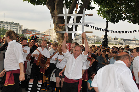 Morris Dancing event on Southbank by the River Thames, with the Hammersmith Morris Men, Mortimer's Morris, Pecsaetan Morris, Boggart's Breakfast, Eynsham Morris, Stone Monkey Sword Dancers, Moss Brothers and Gog Magog Molly, London, September 4th 2010