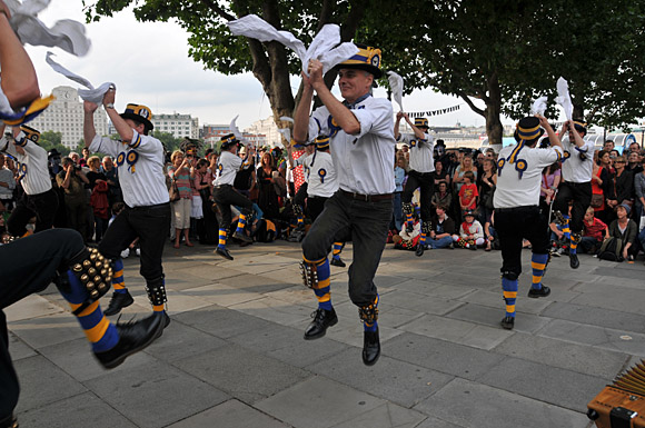 Morris Dancing event on Southbank by the River Thames, with the Hammersmith Morris Men, Mortimer's Morris, Pecsaetan Morris, Boggart's Breakfast, Eynsham Morris, Stone Monkey Sword Dancers, Moss Brothers and Gog Magog Molly, London, September 4th 2010