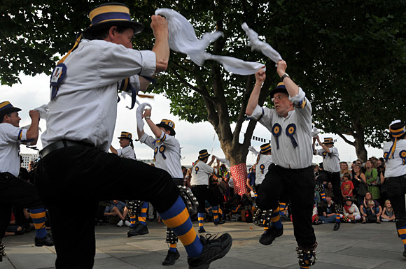 Morris Dancing event on Southbank by the River Thames, with the Hammersmith Morris Men, Mortimer's Morris, Pecsaetan Morris, Boggart's Breakfast, Eynsham Morris, Stone Monkey Sword Dancers, Moss Brothers and Gog Magog Molly, London, September 4th 2010