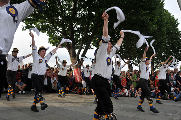 Morris Dancing event on Southbank by the River Thames, with the Hammersmith Morris Men, Mortimer's Morris, Pecsaetan Morris, Boggart's Breakfast, Eynsham Morris, Stone Monkey Sword Dancers, Moss Brothers and Gog Magog Molly, London, September 4th 2010