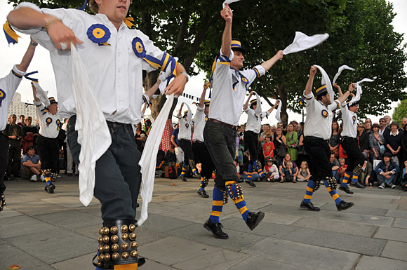 Morris Dancing event on Southbank by the River Thames, with the Hammersmith Morris Men, Mortimer's Morris, Pecsaetan Morris, Boggart's Breakfast, Eynsham Morris, Stone Monkey Sword Dancers, Moss Brothers and Gog Magog Molly, London, September 4th 2010