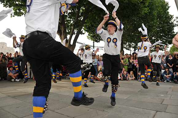 Morris Dancing event on Southbank by the River Thames, with the Hammersmith Morris Men, Mortimer's Morris, Pecsaetan Morris, Boggart's Breakfast, Eynsham Morris, Stone Monkey Sword Dancers, Moss Brothers and Gog Magog Molly, London, September 4th 2010