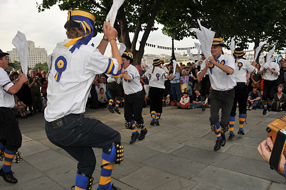 Morris Dancing event on Southbank by the River Thames, with the Hammersmith Morris Men, Mortimer's Morris, Pecsaetan Morris, Boggart's Breakfast, Eynsham Morris, Stone Monkey Sword Dancers, Moss Brothers and Gog Magog Molly, London, September 4th 2010