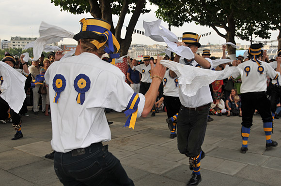 Morris Dancing event on Southbank by the River Thames, with the Hammersmith Morris Men, Mortimer's Morris, Pecsaetan Morris, Boggart's Breakfast, Eynsham Morris, Stone Monkey Sword Dancers, Moss Brothers and Gog Magog Molly, London, September 4th 2010
