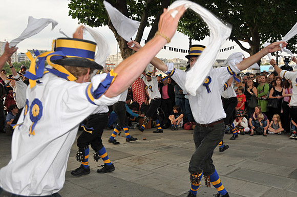 Morris Dancing event on Southbank by the River Thames, with the Hammersmith Morris Men, Mortimer's Morris, Pecsaetan Morris, Boggart's Breakfast, Eynsham Morris, Stone Monkey Sword Dancers, Moss Brothers and Gog Magog Molly, London, September 4th 2010