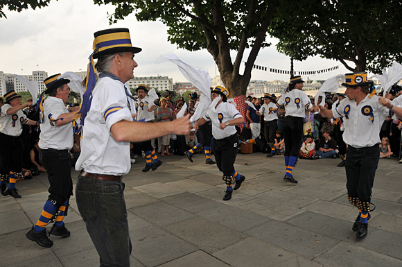 Morris Dancing event on Southbank by the River Thames, with the Hammersmith Morris Men, Mortimer's Morris, Pecsaetan Morris, Boggart's Breakfast, Eynsham Morris, Stone Monkey Sword Dancers, Moss Brothers and Gog Magog Molly, London, September 4th 2010