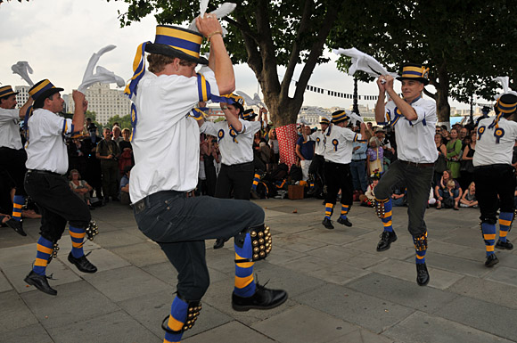 Morris Dancing event on Southbank by the River Thames, with the Hammersmith Morris Men, Mortimer's Morris, Pecsaetan Morris, Boggart's Breakfast, Eynsham Morris, Stone Monkey Sword Dancers, Moss Brothers and Gog Magog Molly, London, September 4th 2010