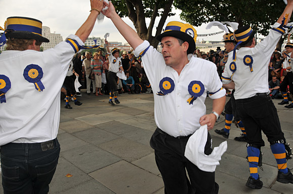 Morris Dancing event on Southbank by the River Thames, with the Hammersmith Morris Men, Mortimer's Morris, Pecsaetan Morris, Boggart's Breakfast, Eynsham Morris, Stone Monkey Sword Dancers, Moss Brothers and Gog Magog Molly, London, September 4th 2010