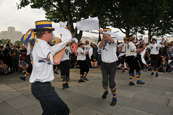Morris Dancing event on Southbank by the River Thames, with the Hammersmith Morris Men, Mortimer's Morris, Pecsaetan Morris, Boggart's Breakfast, Eynsham Morris, Stone Monkey Sword Dancers, Moss Brothers and Gog Magog Molly, London, September 4th 2010