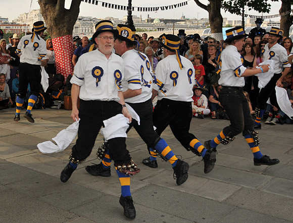 Morris Dancing event on Southbank by the River Thames, with the Hammersmith Morris Men, Mortimer's Morris, Pecsaetan Morris, Boggart's Breakfast, Eynsham Morris, Stone Monkey Sword Dancers, Moss Brothers and Gog Magog Molly, London, September 4th 2010
