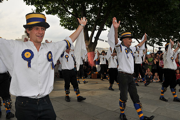 Morris Dancing event on Southbank by the River Thames, with the Hammersmith Morris Men, Mortimer's Morris, Pecsaetan Morris, Boggart's Breakfast, Eynsham Morris, Stone Monkey Sword Dancers, Moss Brothers and Gog Magog Molly, London, September 4th 2010