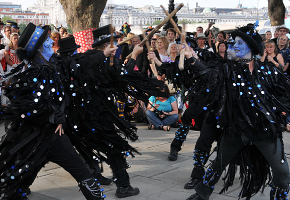 Morris Dancing event on Southbank by the River Thames, with the Hammersmith Morris Men, Mortimer's Morris, Pecsaetan Morris, Boggart's Breakfast, Eynsham Morris, Stone Monkey Sword Dancers, Moss Brothers and Gog Magog Molly, London, September 4th 2010