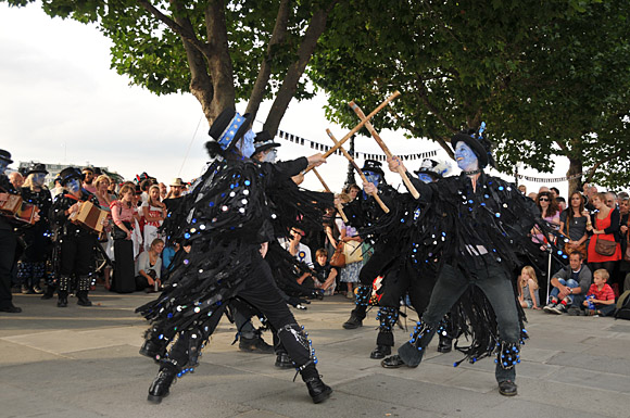 Morris Dancing event on Southbank by the River Thames, with the Hammersmith Morris Men, Mortimer's Morris, Pecsaetan Morris, Boggart's Breakfast, Eynsham Morris, Stone Monkey Sword Dancers, Moss Brothers and Gog Magog Molly, London, September 4th 2010