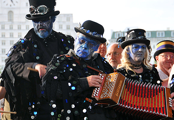 Morris Dancing event on Southbank by the River Thames, with the Hammersmith Morris Men, Mortimer's Morris, Pecsaetan Morris, Boggart's Breakfast, Eynsham Morris, Stone Monkey Sword Dancers, Moss Brothers and Gog Magog Molly, London, September 4th 2010