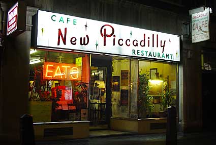 Illuminated cafe sign, New Piccadilly café, Denman Street, Piccadilly, London