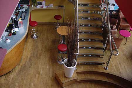 Looking down into the first floor bar area
