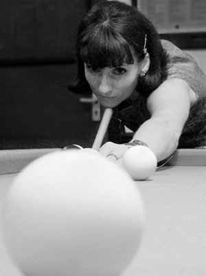Actionette playing pool, Seven Stars pub in Thomas Lane, Bristol